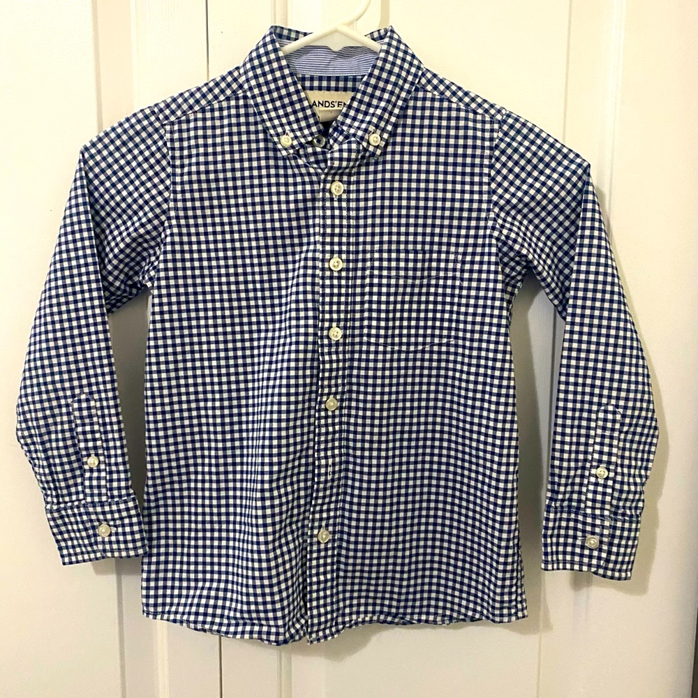 Boys Lands End button down shirt size M Medium 5 6 Navy Gingham